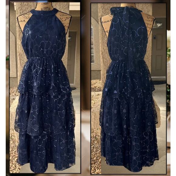 Lulus Navy Blue Sequins Floral Tiered Halter Midi Dress Size M - Picture 4 of 11